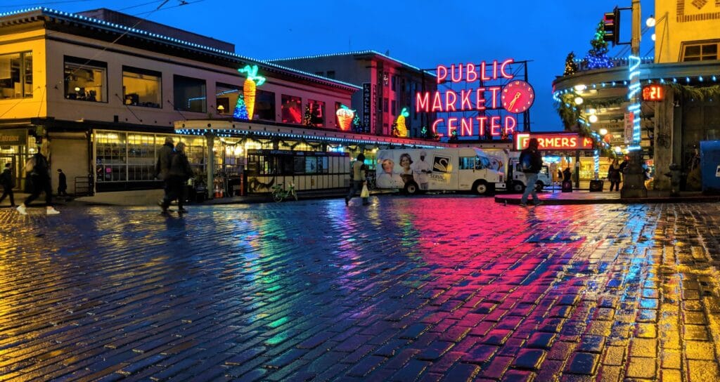 Luminous sign of the Farmers Market in Seattle.